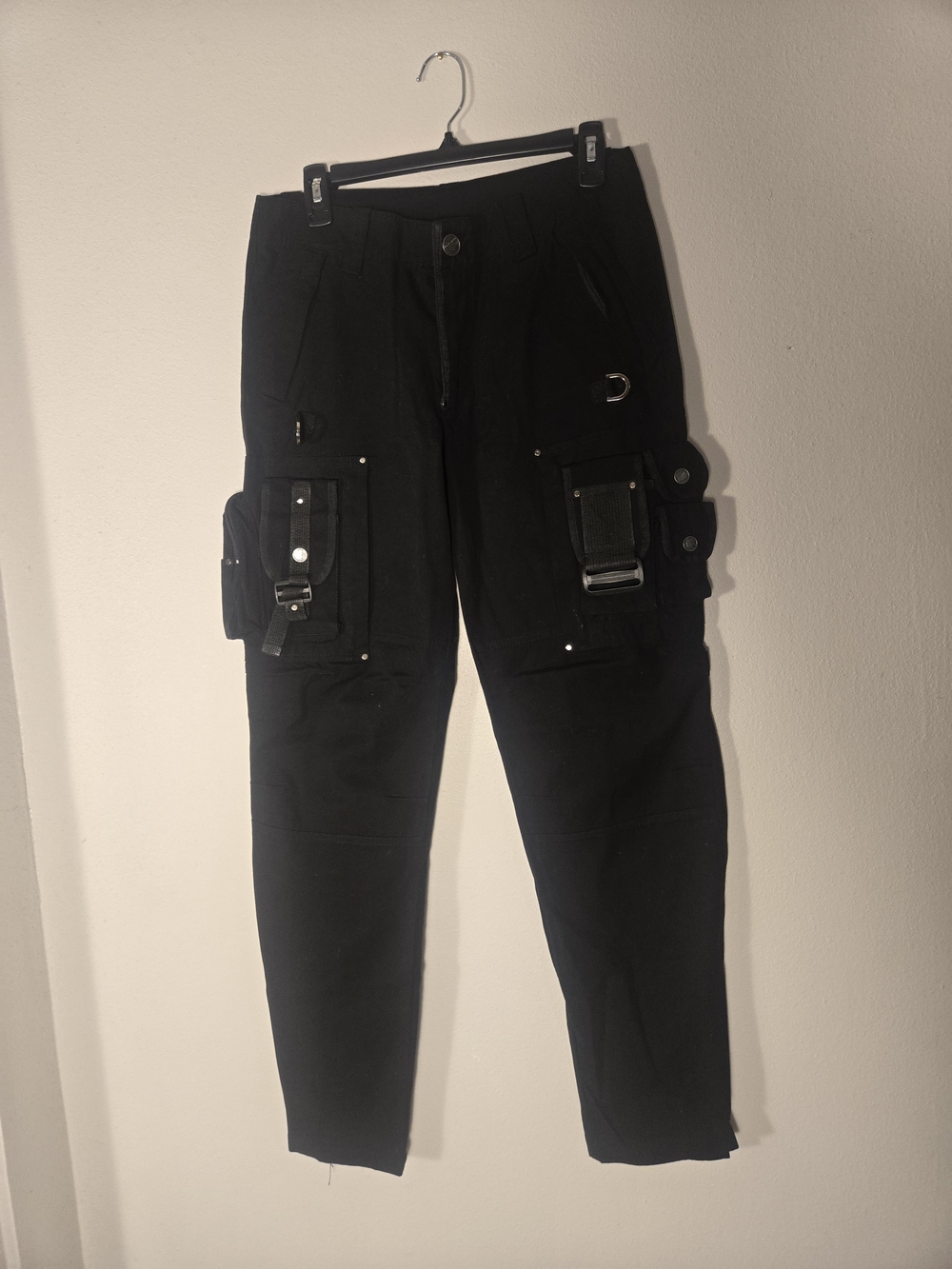 Men's Black Utility Cargo Pants with Buckle Details